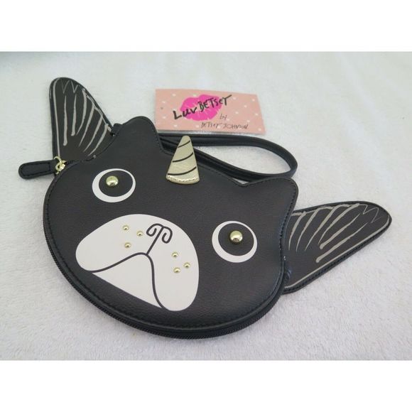 LUV BETSEY Black Frenchie Bulldog Unicorn LBTITAN Coin Purse Wristlet With Wings - Picture 1 of 9